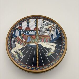 Carousel Horse Round Tin Box 6.5" x 2" Blue Gold Color